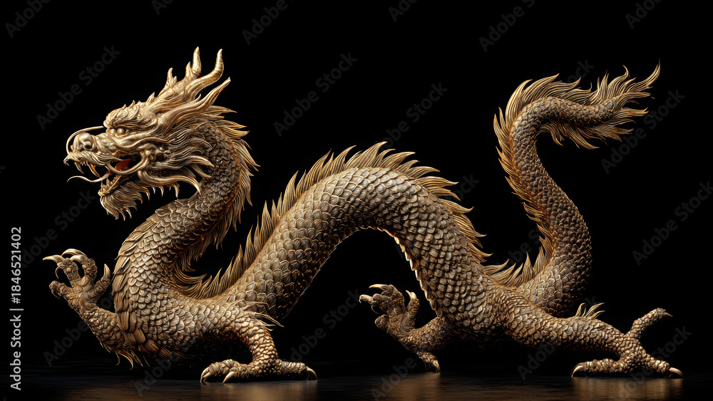 Obraz premium Golden Dragon Sculpture on Dark Background for Asian Luxury Theme