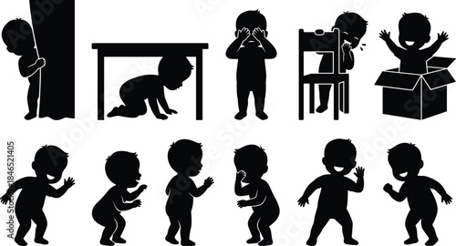 Children, Hide and Seek, Silhouettes, Playful, Dancing, Crouching, Gestures, Fun, Activity, Pose, Joy, Flat Vector