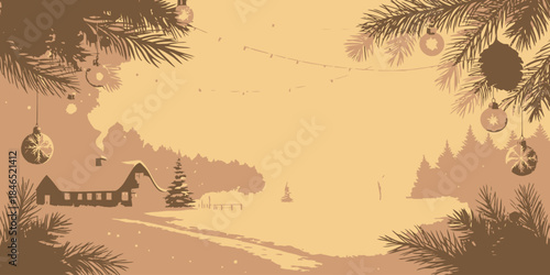 Cozy winter village scene with Christmas ornaments and decorations