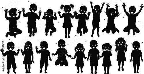 Children, silhouette, fear, surprise, bugs, reaction, emotion, pose, jump, scream, flat vector