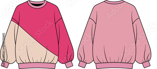 Color-block sweatshirt front back view, balloon sleeve, loose fit, fashion sketch, cad drawing flat vector