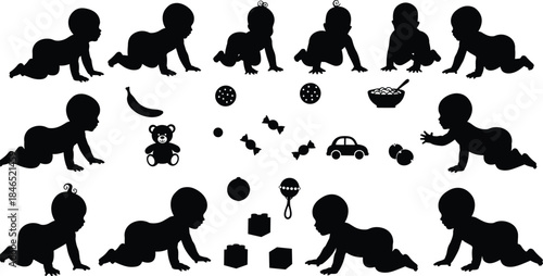 Crawling baby, sitting pose, toys, food, bowl, rattle, silhouette, playful, flat vector