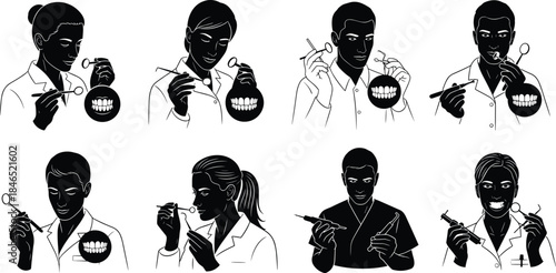 Dental professional silhouettes, tools and teeth, oral care scenes, health workers, flat vector