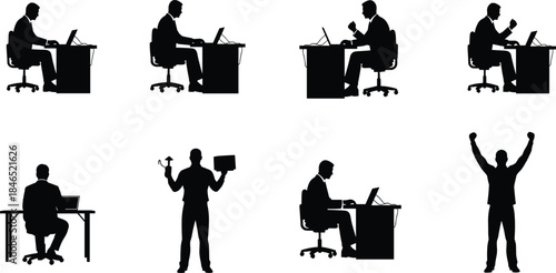 Desk work silhouettes, emotional poses, laptop use, frustration, success, tools, flat vector