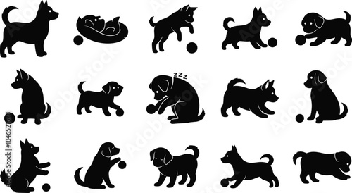 Dog silhouette, playful pose, resting, sleeping, ball, bed, pet, animal, flat vector