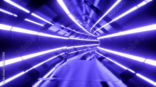 Futuristic violet tunnel with bright linear lights and reflective surfaces, receding into distance