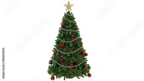 Isolated Christmas tree decorated with string lights and red and green ornaments for holiday season