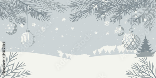 Winter wonderland scene with pine branches and Christmas ornaments