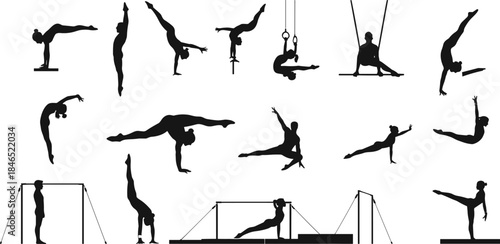 Gymnastics silhouette, handstand, flip, balance, rings, beam, bar, athlete, pose, flat vector