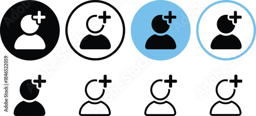 Add user icon set, person plus symbol, black blue outline, UI design elements, contact profile button, minimal interface graphics