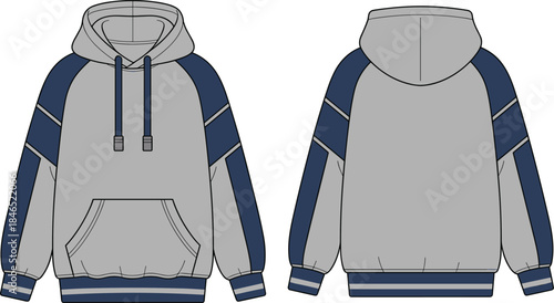 Hooded sweatshirt front back view, striped sleeve, kangaroo pocket, fashion sketch, cad drawing flat vector