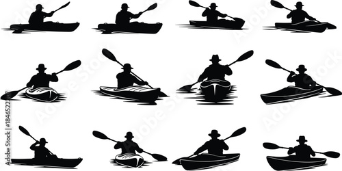 Kayaking silhouettes, paddling, outdoor sport, water activity, adventure, canoe, recreation, posture, flat vector