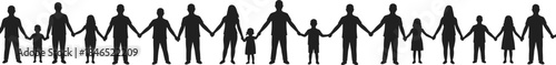 Unity, diversity, community connection, people holding hands, silhouette group, children and adults together, social support, teamwork, inclusion, equality, family bond, harmony