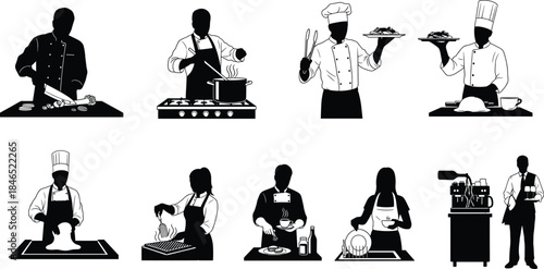 Kitchen staff, chef, waiter, cooking, serving, cleaning, restaurant roles, hospitality tasks, flat vector