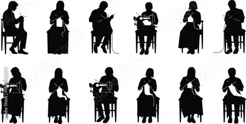 Knitting and sewing silhouette people seated crafting textile tools, flat vector