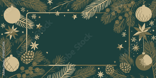 Elegant gold Christmas frame with pine branches and ornaments