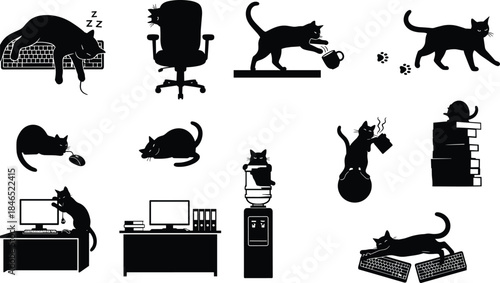 Office cat silhouettes, playful desk antics, sleeping, mug spills, tech mischief, flat vector