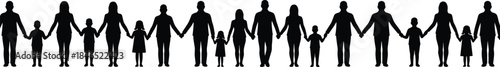 Unity, diversity, community support, family connection, social bonding, silhouette people, children and adults, holding hands, teamwork, inclusion, togetherness, black figures