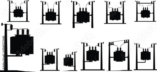 Pole transformer, utility infrastructure, power line, electrical grid, insulator, silhouette, energy, flat vector