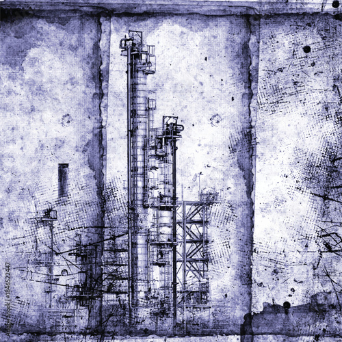 Industrial landscape with buildings and chimneys of the factory. Grunge scratch background. Monochrome illustration	