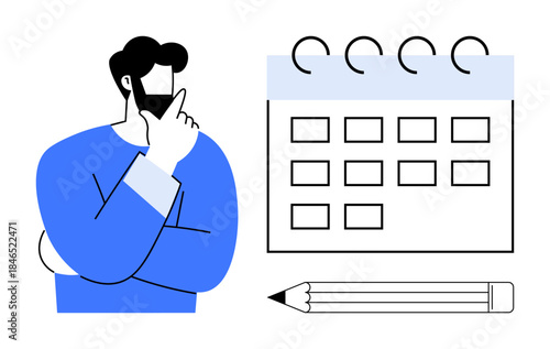 Time management, task organization, productivity, scheduling plans, project development, deadlines. Man with hand on chin beside a calendar and pencil. Time management and task organization concept