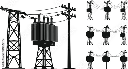 Power transformer, transmission tower, utility pole, electrical grid, energy, infrastructure, silhouette, flat vector
