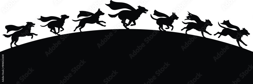 Fototapeta premium Superhero dogs running silhouette, capes flying, dynamic motion, playful scene, flat vector