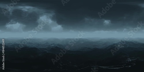 360° looping animation of a powerful ocean storm with massive waves, dark clouds, and dramatic atmosphere, ideal for VR and panoramic video projects. 3D animation