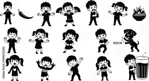 Spicy food reaction cartoons, kids sweating, crying, cooling down, chili humor, flat vector