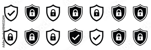 Shield Security Icon Set in clean vector illustration, featuring protection symbols with check mark and lock elements, perfect for modern safety interface design