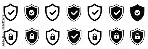 Shield Security Icon Set, vector illustration with protection icons, check mark, and lock elements, ideal for safety interfaces, cybersecurity apps