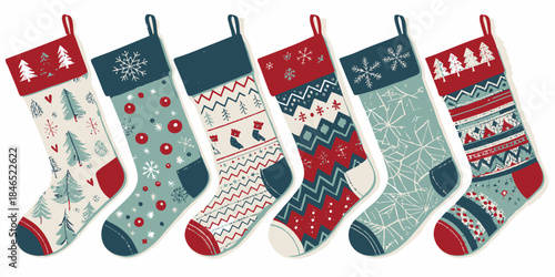 Vibrant Christmas stockings in various festive designs hang together