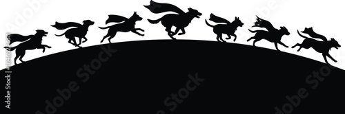 Superhero dogs running silhouette, capes flying, dynamic motion, playful scene, flat vector