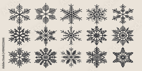 Collection of unique black snowflakes on beige background