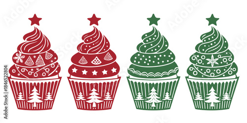 Festive Christmas cupcakes with red and green icing and decorations
