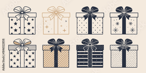 Elegant gift boxes with bows in various patterns and designs