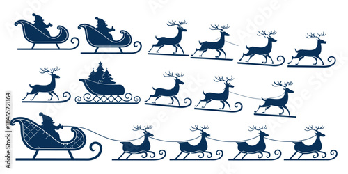 Santa Claus rides in sleigh pulled by reindeer on Christmas