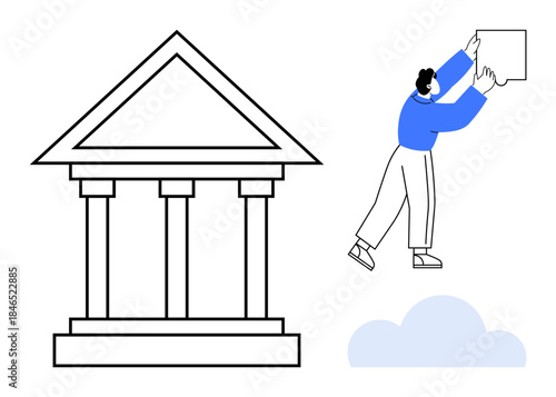 Government concept. A person sharing innovative ideas next to a classical institutional symbol. Government institutions and new innovations for policy, education, civic engagement, and reform