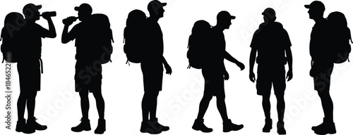 Vector hiker silhouettes showing active outdoor poses, walking, drinking, gesturing, standing, backpacker in cap and shorts, hiking movement study for design