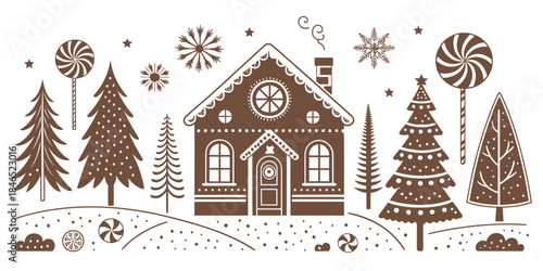 Charming gingerbread house in snowy landscape with trees and candy