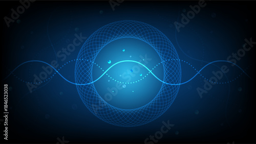 Futuristic abstract background with glowing blue waves and circular grid forms, symbolizing data flow, energy and technology