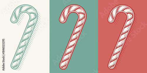 Vibrant candy cane illustrations in red, green, and white