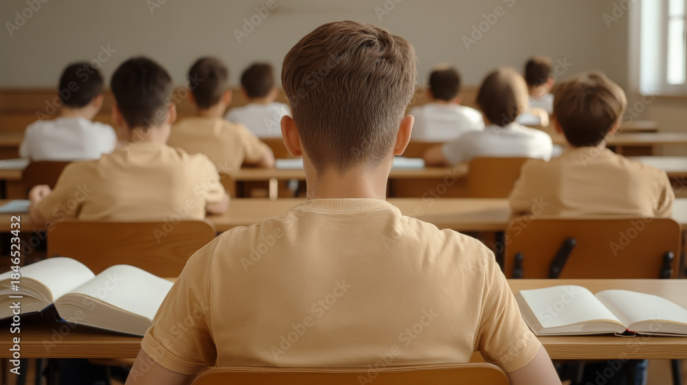 Fototapeta premium Rear view of students sitting at desks in classroom with open books, focused learning atmosphere