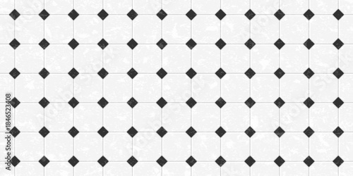 Ceramic tile seamless pattern with black diamonds for floor and wall. Square mosaic with marble texture for kitchen backsplash, bathroom, toilet floor. Retro background with tiles, vector illustration