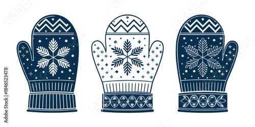 Three winter mittens with snowflake designs for cold weather