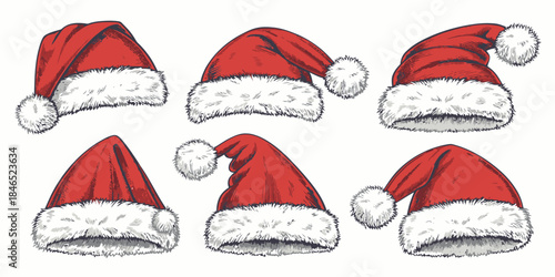 Collection of six red Santa hats with white fur trim