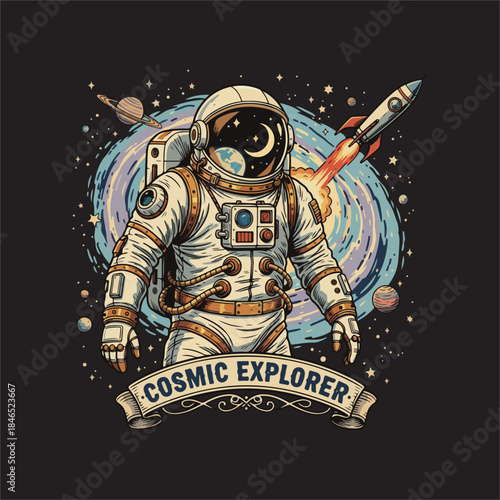 A vintage-style illustration of an astronaut in space with a rocket, planets, and a "Cosmic Explorer" banner