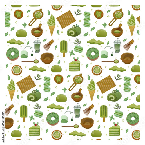 Matcha tea element illustration set various matcha food seamless pattern