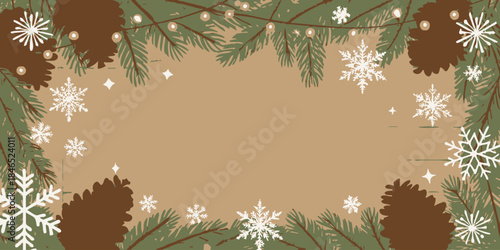 Festive winter border with snowflakes and pine branches