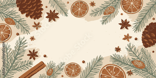 Cozy winter background with pine branches and spices